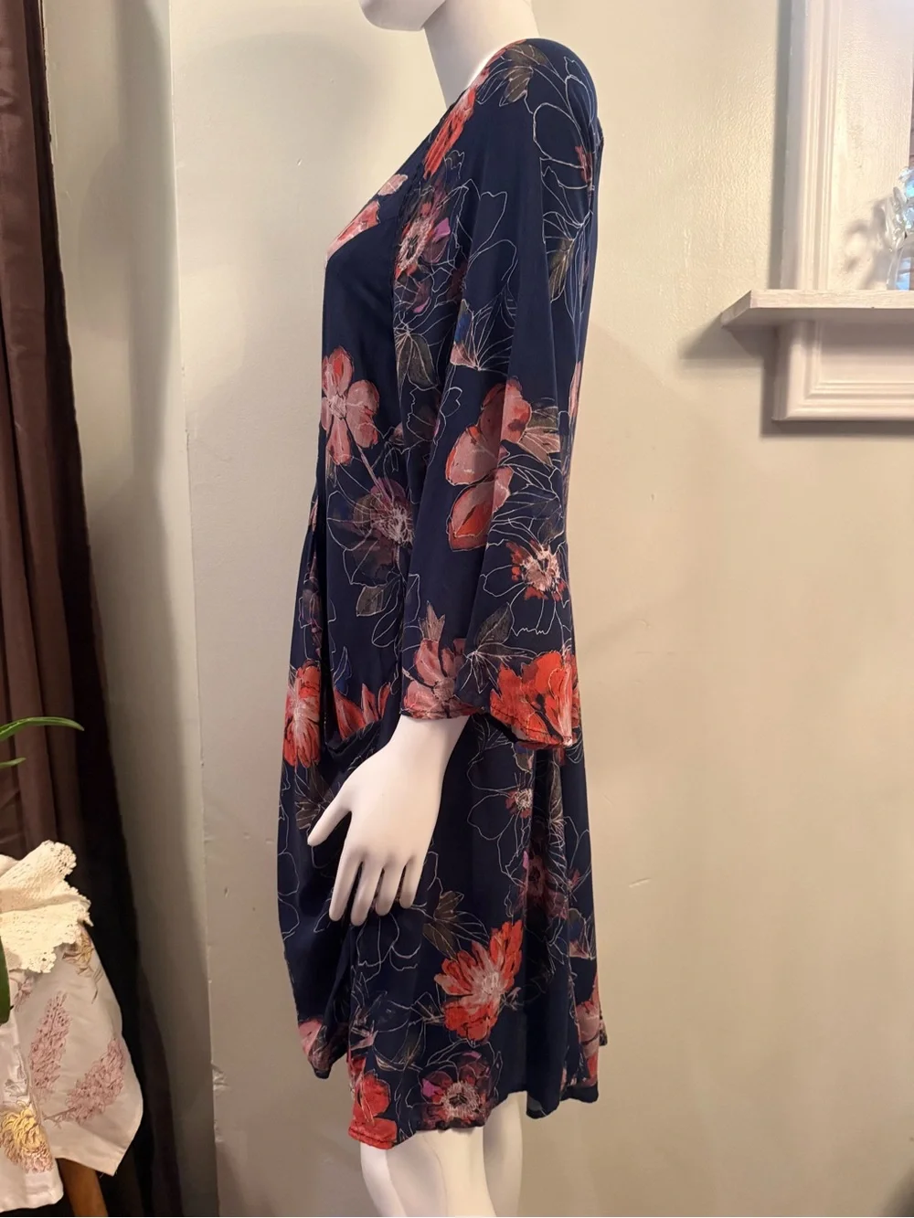 Free People Navy Floral Mini Dress with Coral and Pink Blooms